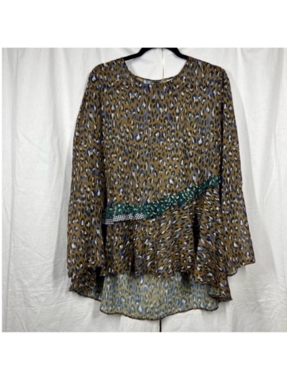 Logo by Lori Goldstein sheer mixed print contrast ruffle blouse olive leopard